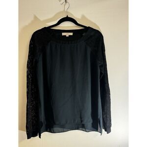 Loft Hunter Green Black Lace Sleeve Blouse Knit Cuff ‎ Size S